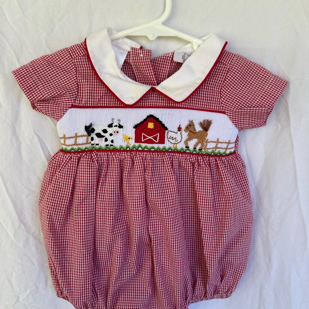 Petit Ami Red Gingham Smocked Bubble with Farm Embroidery